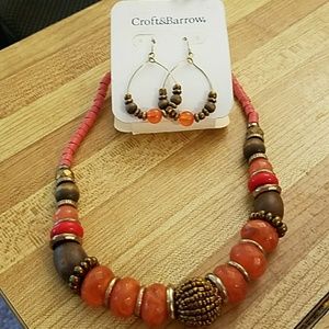 Orange and brown bead necklace and earrings